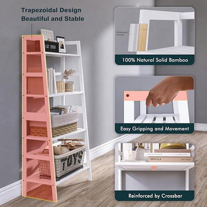 HITNET White Ladder Bookshelf, Leaning Bookcase, 4-Tier Bamboo Shelf, Floor Standing Storage Shelving Unit, Open Display Book Shelves - color: White