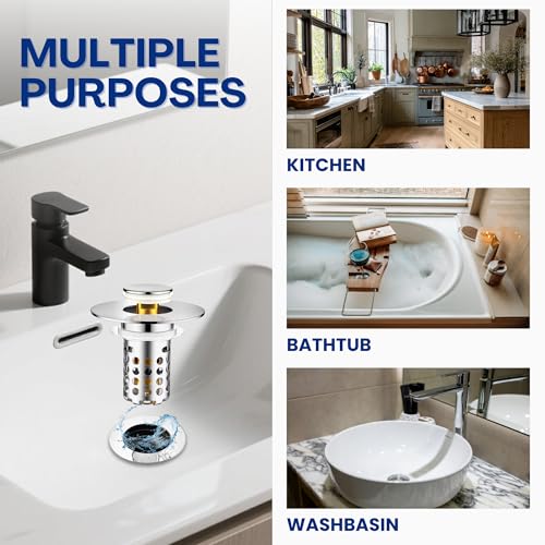 Universal Bathroom Sink Drain Strainer, Pop Up Sink Stopper Replacement, Stainless Steel Hair Catcher Drain Plug for Bathroom Sink,1 Pcs (Silver, Round Hole)