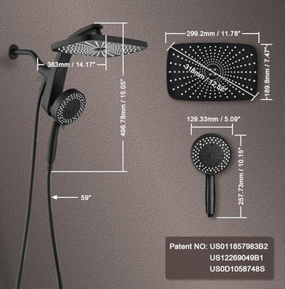12" High Pressue Rain Shower Head with Handheld, 9 Sprays Hand Showerhead | Shower Heads with Handheld Spray Combo, Dual Head, Built-in Magnetic Docking, Power Jets, 59" Shower Hose, Black 1.75GPM - color: Black