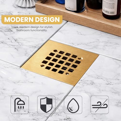 4-1/4” Square Snap-in Champagne Bronze Shower Drain - Stainless Steel Replacement - 4.25 inch Durable Floor Cover -Snap-in - Easy Installation Universal Grate Strainer - color: Champagne Bronze
