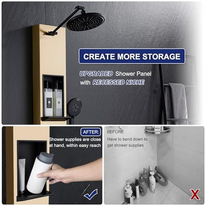 ROVATE Shower Panel Tower with Shelf & Adjustable Shower Arm, Brushed Gold | Stainless Steel Shower Column with 6 Adjustable Body Jets, Self-Cleaning Rainfall Shower Head & Flexible Handheld, Wall Mount - color: Brushed Gold + Black