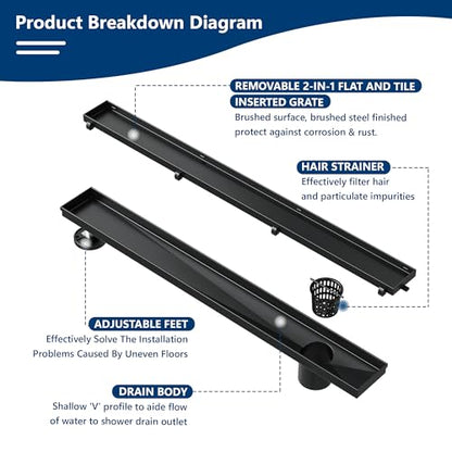 Neodrain 24In Offset Linear Shower Drain w/Tile Insert Grate Cover, Black | 304 Stainless Steel Rectangle Side Outlet Shower Floor Drain, Adjustable Leveling Foot, Hair Strainer/Catcher - color: Matte Black-tile Insert Cover, size: 24 IN