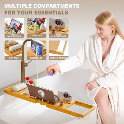 Bathtub Tray Caddy, Expandable Wooden Bathroom, Luxury Bamboo Bathtub Tray, Bath Tub Table Caddy, Bamboo