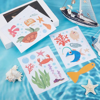6 Pages Bathtub Sea Stickers Bulk Non Slip Bathtub Stickers with Scraper Plastic Adhesive Ocean Animal Conch Pattern Slippery Floor Decal for Shower and Bath Tub Home Decorations Gift Adult - style: Marine Animal 3
