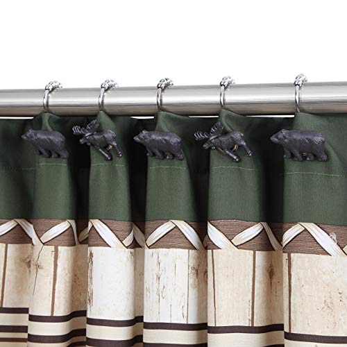 Shower Curtain Hooks Rings, Rustproof Stainless Steel Black Bear Deer Shower Curtain Hooks for Bathroom Shower Rods Curtains - Set of 12 - color: Woodland