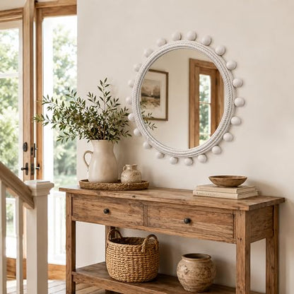 30" Round Rope Wall Mirror with 2 in Whitewashed Wood Beads | Soft white coastal farmhouse style, handwoven cotton rope frame for entryway, living room, bedroom, bathroom, powder room.