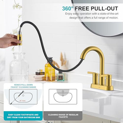 Brushed Gold Centerset 2 Handle Bathroom Faucet with Pull Out Sprayer | Pull Down Bathroom Faucet with Pop Up Drain & Supply Lines, Lead-Free cUPC & NSF Certified, 3 Hole Faucet for Vanity RV Bar - color: Brushed Gold