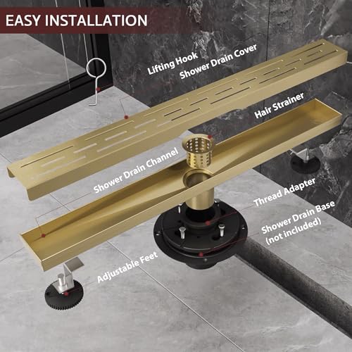 Linear Shower Drain, 48" Brushed Gold, Easy to Install & Clean | Including Hair Catcher & Removable Grate, Fits No-hub System, 304 Stainless Steel(Drain Base Not Included) - color: Brushed Gold, size: 48 inch