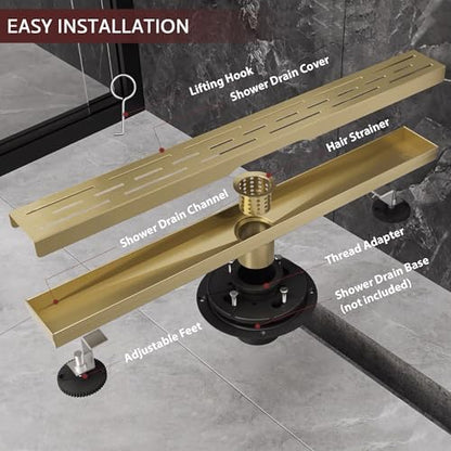 Linear Shower Drain, 28" Brushed Gold, Easy to Install & Clean | Including Hair Catcher & Removable Grate, Fits No-hub System, 304 Stainless Steel(Drain Base Not Included) - color: Brushed Gold, size: 28 inch