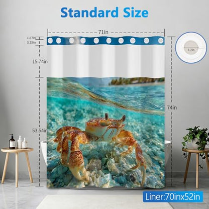 No Hook Shower Curtains for Bathroom, Beach Crab Themed Summer Shower Curtain with Snap in Liner, Mesh Top Window and Weighted Hem, Easy to Install Heavy Shower Curtain No Hooks Needed, 71x74 Inches - color: Crab