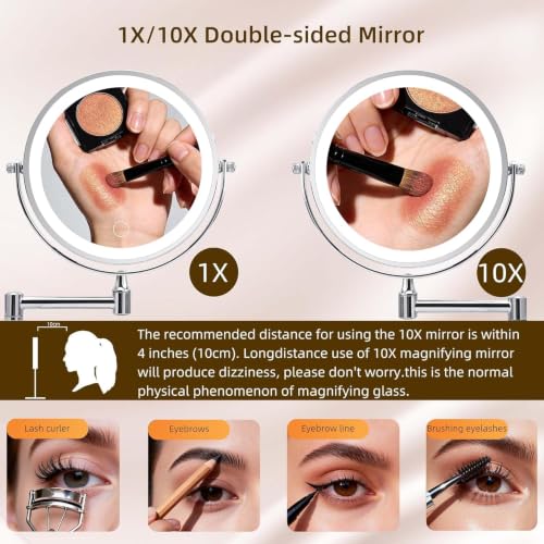 Wall Mounted Makeup Mirror with Lights, 8" Rechargeable 1X/10X Magnifying Mirror, 360° Swivel Extendable Arm, 3 Color LED (1, Chrome) - color: Chrome