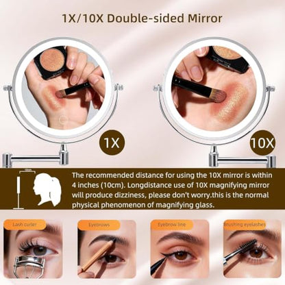 Wall Mounted Makeup Mirror with Lights, 8" Rechargeable 1X/10X Magnifying Mirror, 360° Swivel Extendable Arm, 3 Color LED (1, Chrome) - color: Chrome