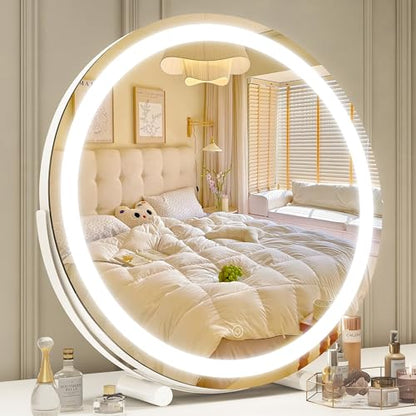 ROLOVE 18 Inch Makeup Mirror with Lights, Large Round Vanity Mirror for Tabletop Desk, Smart Touch Dimmable LED, 360° Rotation, White, Gifts for Women, Wife, Mom, Girls - size: 18"L x 18"W