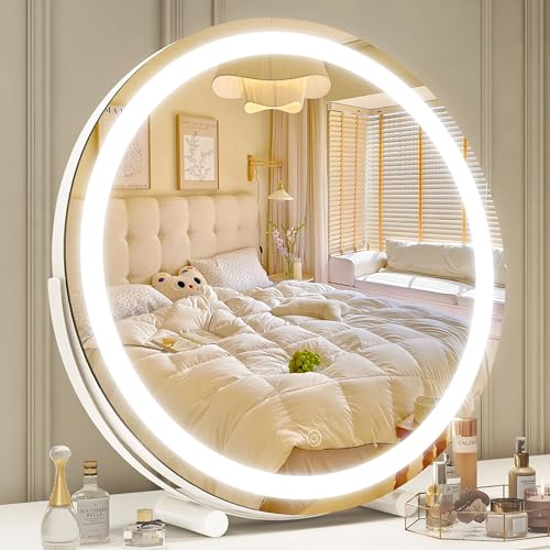 ROLOVE 18 Inch Makeup Mirror with Lights, Large Round Vanity Mirror for Tabletop Desk, Smart Touch Dimmable LED, 360° Rotation, White, Gifts for Women, Wife, Mom, Girls - size: 18"L x 18"W