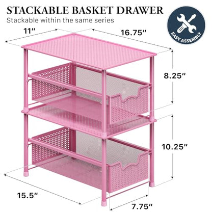 Simple Houseware Stackable Under Sink Sliding Basket Drawer, Pink | Perforated Free Standing Organizer, Kitchen/Pantry/Cabinet/Counter - color: Pink
