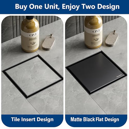 Neodrain 6 in Black Square Shower Drain with Removable Tile Insert Grate | 304 Stainless Steel Tile Square Drain, Hidden Drain,Easy to Clean, Waterproof & Sturdy Shower Drain, CUPC Certified - color: Matte Black, size: 6 IN