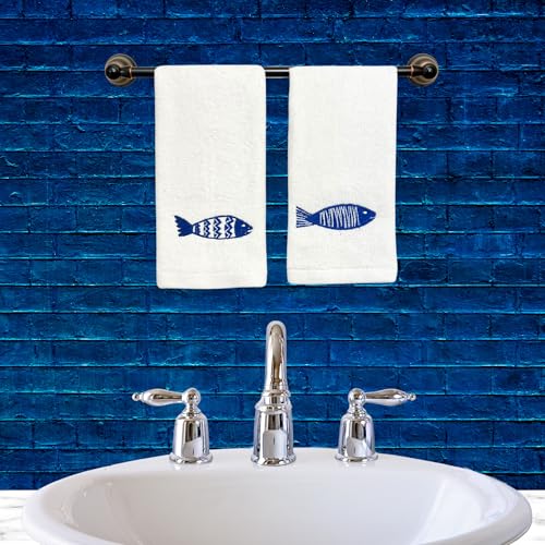Serafina Home Summer Soft Absorbent Bathroom Coastal Guest Embroidered Fingertip Towels: Sealife Blue Fish Design, 2 Piece 12" x 18" Inches - color: Blue Fish