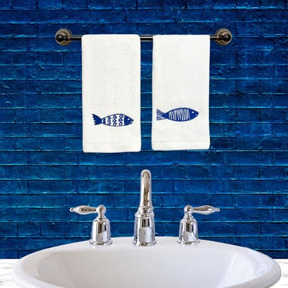Serafina Home Summer Soft Absorbent Bathroom Coastal Guest Embroidered Fingertip Towels: Sealife Blue Fish Design, 2 Piece 12" x 18" Inches - color: Blue Fish