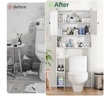 Over The Toilet Storage Cabinet with Barn Doors, Freestanding Bathroom Space Saver Organizer Over Toilet with Adjustable Shelves & Toilet Paper Holder, Waterproof Bathroom Cabinet, White