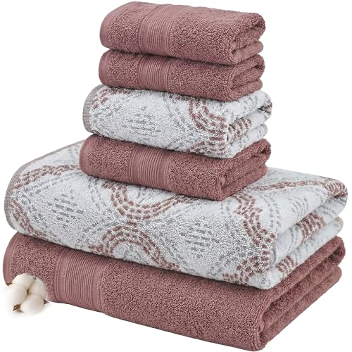 Modern Threads Capri 6-Piece Reversible Yarn Dyed Jacquard Towel Set - Bath Towels, Hand Towels, & Washcloths - Super Absorbent & Quick Dry - 100% Combed Cotton, Rosewood - color: Rosewood, size: Small, style: Soft Geometric