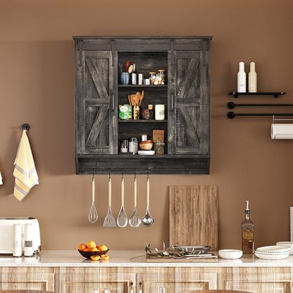 Trironsun Farmhouse Medicine Cabinet 2 Sliding Barn Doors 3 Tier Rustic Wood Wall Storage Cabinet Adjustable Shelf Towel Bar Wall Mounted Bathroom Wall Cabinet - color: Dark Rustic Oak