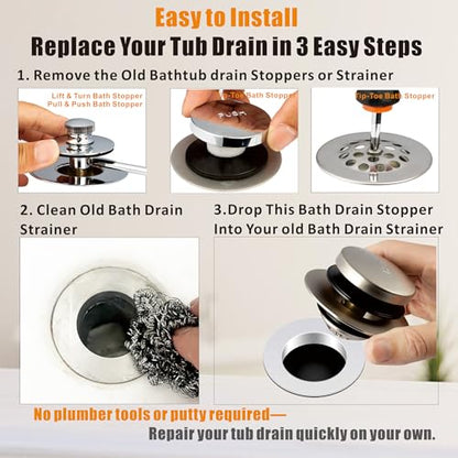 Tub Drain, 2 in 1 Pop-up Bathtub Plug with Hair Catcher | Easy Installation Bath Drain Stopper with Strainer, Brushed Nickel - color: Brushed Nickel