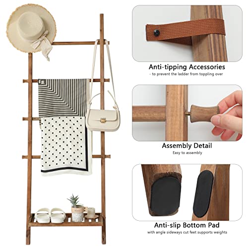 Blanket Ladder, 57in Wood Rustic Decotative Ladder with Bottom Shelf | bottom shelf, towel quilt display holder, organize blanket, leaning wall, living room and bathroom use