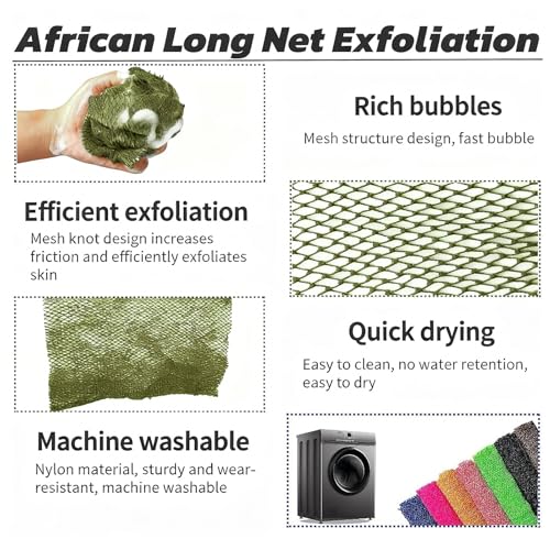 SPMKTBOZAI African Net Sponge Authentic, Exfoliating Net for Body Back | African Net Sponge with Knots| Long Stretch| African Net for Sensitive Skin| Durable & Quick Dry| Daily Use| Olive Green - color: Olive Green