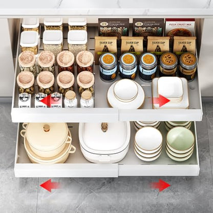 2PCS Expandable Pull Out Cabinet Organizer pots and pans organizer under cabinet Upgrade 3 Slide Rails Slide Out Drawers Roll Out Shelves Adhesive,Adjustable Width - size: (2pcs)16.54"D x12.6~20.5"W x 2.76"H