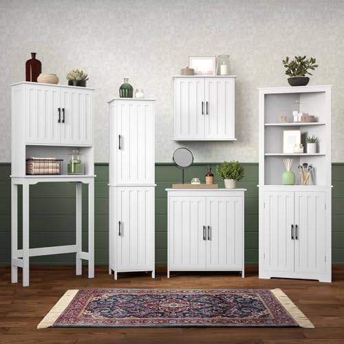 RiverRidge Monroe Two-Door Bathroom Floor Storage Cabinet - White | Linen Cabinet with Adjustable Interior Shelf and Soft Close Hinges, Matte Black Handles