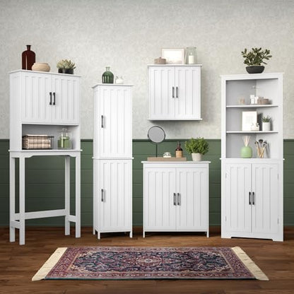 RiverRidge Monroe Two-Door Bathroom Floor Storage Cabinet - White | Linen Cabinet with Adjustable Interior Shelf and Soft Close Hinges, Matte Black Handles