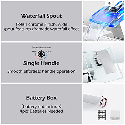 Bathroom Waterfall Sink Faucet Chrome LED Glass Spout with Drain Stopper | Single Handle One Hole Modern Design Basin Faucet 3 Color Changing Battery Powered Lavatory Vanity Sink Deck Mount - color: Chrome, style: LED with Drain