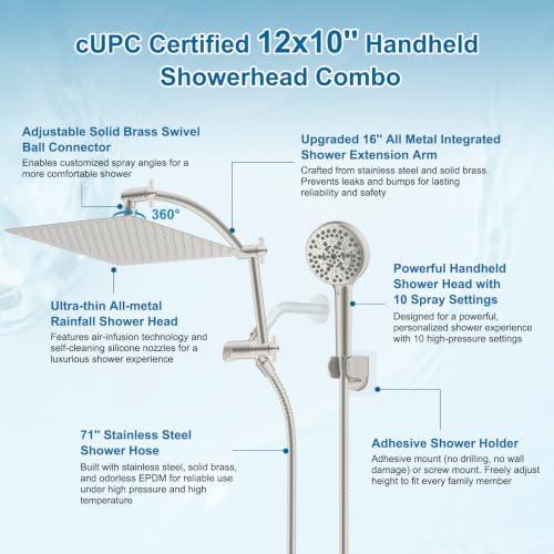 Hibbent Metal 12" High Pressure Rain Shower Head Combo, Brushed Nickel | cUPC Certified Rainfall Shower Head with handheld 10 Sprays, 16'' Adjustable Extension Arm, 71'' Hose, Showerhead Holder - color: Brushed Nickel, style: Square 12''