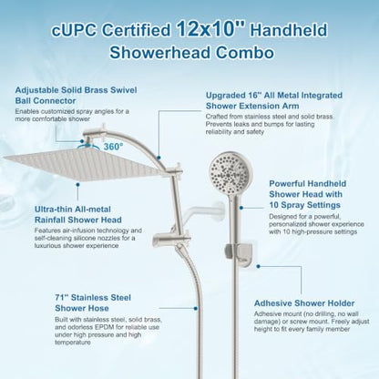 Hibbent Metal 12" High Pressure Rain Shower Head Combo, Brushed Nickel | cUPC Certified Rainfall Shower Head with handheld 10 Sprays, 16'' Adjustable Extension Arm, 71'' Hose, Showerhead Holder - color: Brushed Nickel, style: Square 12''