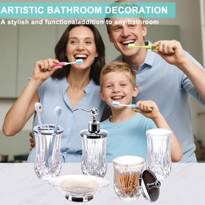 Clear Bathroom Accessories, Round Thick Glass & Metal Pump | Beautiful & weight, 5 pcs soap dispenser, toothbrush holder, soap dish, tumbler & jar, for mission/amish style - style: Round(Clear)