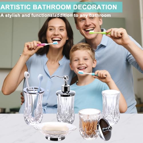 Clear Bathroom Accessories, Round Thick Glass & Metal Pump | Beautiful & weight, 5 pcs soap dispenser, toothbrush holder, soap dish, tumbler & jar, for mission/amish style - style: Round(Clear)