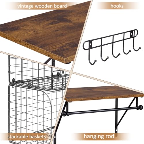 Laundry Room Shelves Wall Mounted with Wire Baskets, Over the Washer and Dryer Shelf with Clothes Drying Rack, Wire Shelves Baskets for Laundry Closet Organization and Storage, Wood+Metal, Black - color: Black