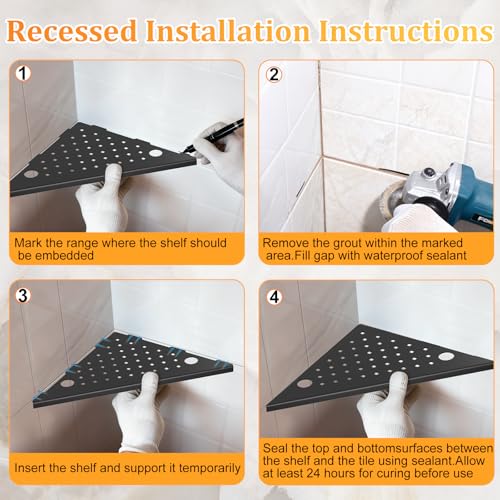 Corner Shower Shelves 2-Pcs, 10” Rustproof 304 Stainless Steel Shower Corner Shelf with Razor Holder, Recessed Bathroom Shower Shelf for Tiled Wall