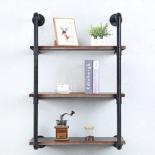 Industrial Pipe Shelves With Wood Planks,Rustic Pipe Shelving Wall Shelf | Metal Pipe Solid Pine Wood,Easy to Assemble,Wooden Board Thickness 0.78 In,For Bar Farmhouse Kitchen Office Bathroom,Bedroom - color: 3-layer, size: 24in