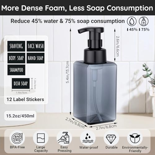Segbeauty Plastic Foam Soap Dispenser for Kitchen 15.2oz 4pcs, 450ml Gray Foaming Bathroom Countertop Soap Dispensers, Foam Pump Bottle with Waterproof Stickers, Square Liquid Pump Foamer Bottles Set - color: Gray, style: 4pcs 15.2oz
