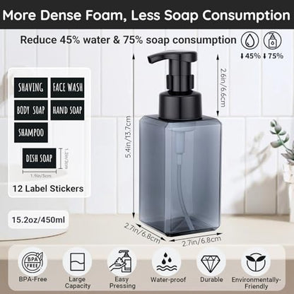 Segbeauty Plastic Foam Soap Dispenser for Kitchen 15.2oz 4pcs, 450ml Gray Foaming Bathroom Countertop Soap Dispensers, Foam Pump Bottle with Waterproof Stickers, Square Liquid Pump Foamer Bottles Set - color: Gray, style: 4pcs 15.2oz