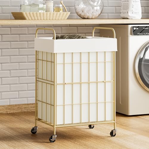 90L Laundry Hamper with Wheels, Laundry Basket with Handle and Liner Bag | Lockable Casters; Reinforced Frame; Breathable Fabric; Space-Efficient Design - color: Golden+White, size: 90L-1 Section