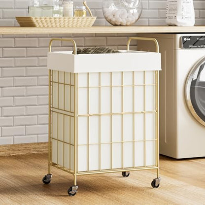 90L Laundry Hamper with Wheels, Laundry Basket with Handle and Liner Bag | Lockable Casters; Reinforced Frame; Breathable Fabric; Space-Efficient Design - color: Golden+White, size: 90L-1 Section