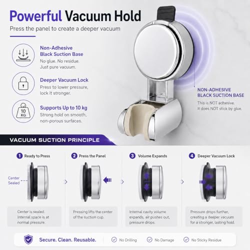 Suction Cup Shower Head Holder, Chrome, No Drill, Adjustable | Strong Suction Hold, Removable No-Drill Wall Mount with Adjustable Angle for Smooth Tile, Glass, Marble and Metal Surfaces - style: Chrome-L