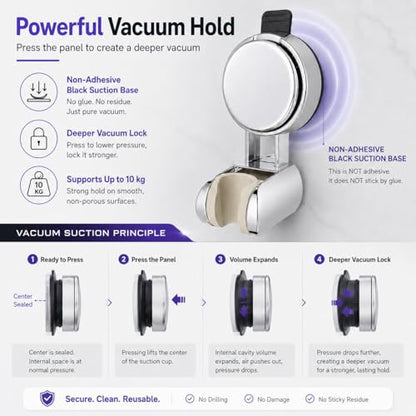 Suction Cup Shower Head Holder, Chrome, No Drill, Adjustable | Strong Suction Hold, Removable No-Drill Wall Mount with Adjustable Angle for Smooth Tile, Glass, Marble and Metal Surfaces - style: Chrome-L
