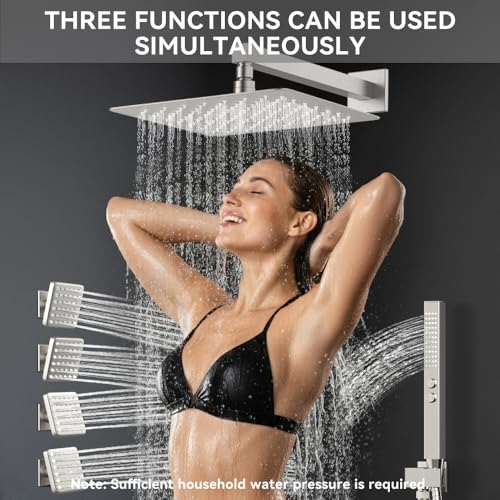 Thermostatic Shower System with Body Jets, STARBATH 12" Rain Showerhead with 2 Modes Handheld Spray, Can Use All at Once, Thermostatic Shower Jets System in Wall Shower Faucet Sets, Brushed Nickel - color: Brushed Nickel, size: 12"-05