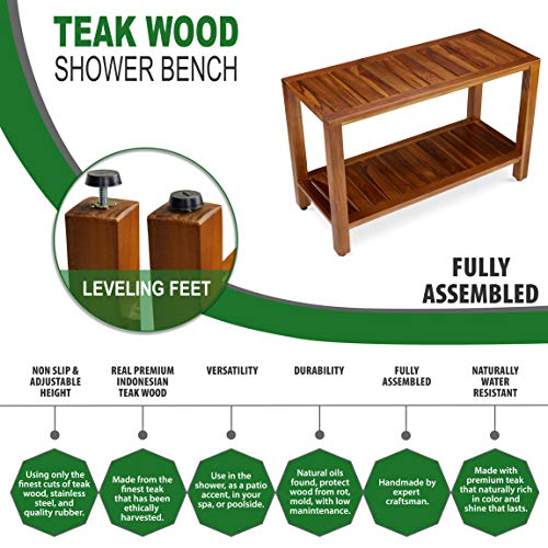 Teak Shower Bench with Shelf 30 Inch for Bathroom, Spa - Fully Assembled, Shower Stool, The Freya