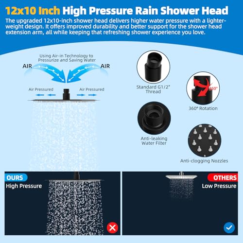 Hibbent All Metal cUPC Certified Shower Head, 12'' High Pressure Rainfall Showerhead Combo, Handheld Shower Wand, 12'' Adjustable Extension Arm, 4-Spray, 71'' Hose, Brass Shower Holder, Matte Black - color: Matte Black, style: Square 12''