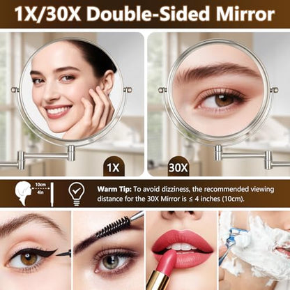 ALHAKIN 1X/30X Wall Mounted Makeup Mirror, 8 Inch Double Sided Magnifying Mirror for Wall, Bathroom Makeup Mirror with 360 Rotation Extendable Swivel Arm, Nickel