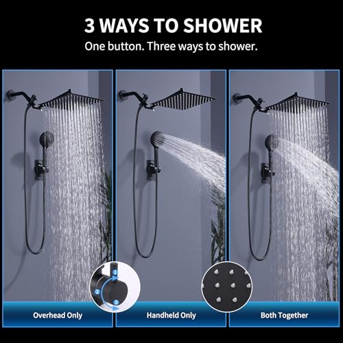 Peicuai Shower Head Combo, 10-Inch High-Pressure Rainfall Shower Head with 11-Inch Adjustable Extension Arm, 5-Setting Matte Black Handheld Shower with Long Hose, Powerful Spray for Low Water Pressure - color: 10-Inch Matte Black
